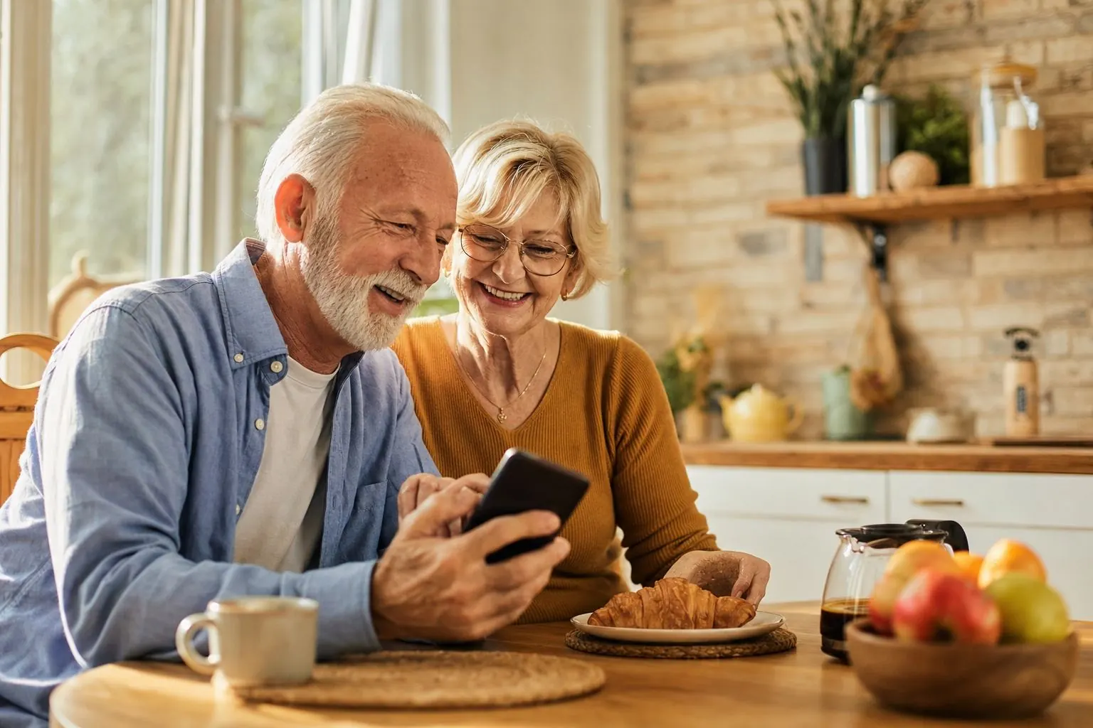 Couple de seniors heureux avec smartphone